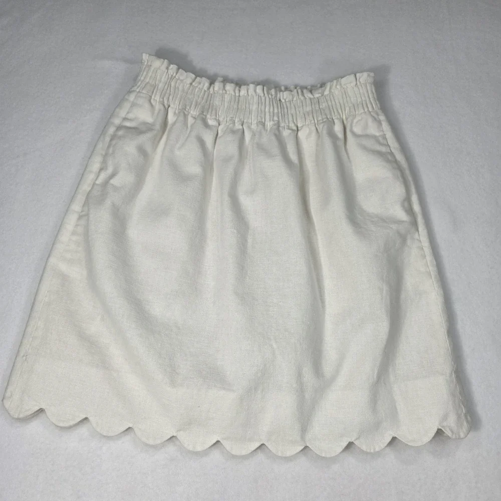 J.Crew Womens Mini Skirt Beige Size 0‎ Pull On Pockets Scallop Hem Linen Cotton